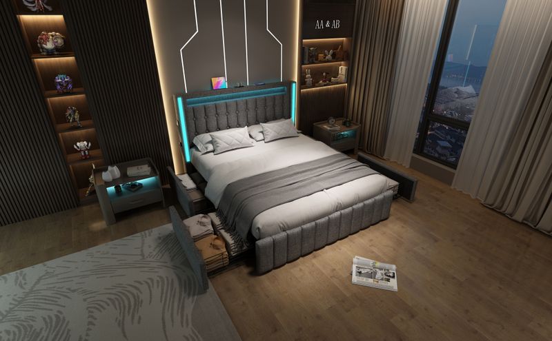 Lit double avec rangement et lattes en bois, chargement USB Type-C, éclairage LED et 4 tiroirs, gris (matelas non inclus). Lit enfant 140 x 200 cm._voghion.com