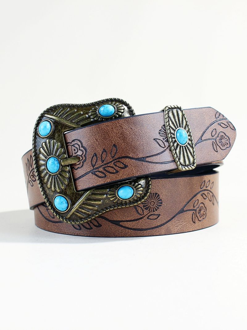 Bohemian Western Turquoise Belt For Women - Vintage Cowgirl Leather Waistband With Silver Conchos_voghion.com