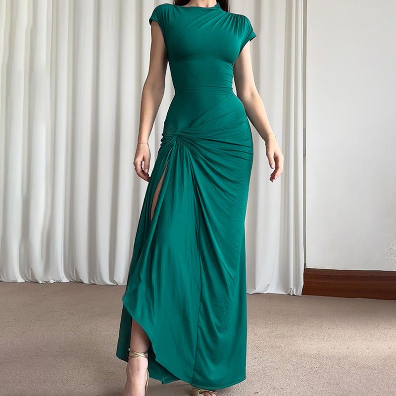 XY24158 Été 2024 Nouvelle robe longue coupe slim avec taille cintrée sexy, manches courtes torsadées et fendues_voghion.com