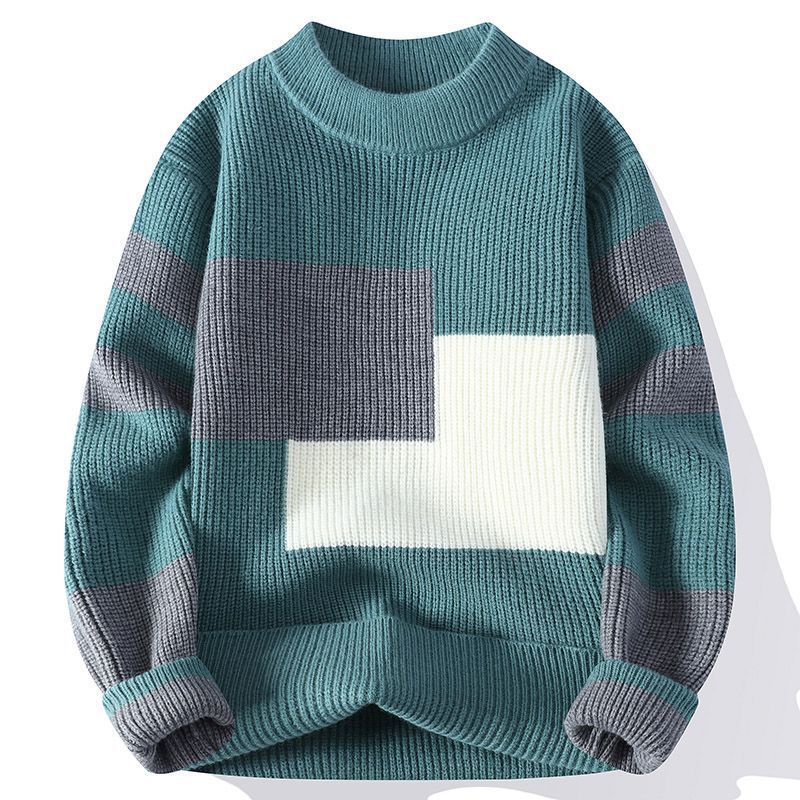 Autumn Winter New Men's Youth Color Block Trendy Student Crew Neck Pullover Knitted Sweater_voghion.com