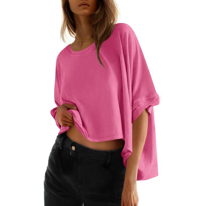 Damen 2025TK Sommer Casual Oversized Bat Misaligned Twisted Kurzarm T-Shirt für Damen_voghion.com