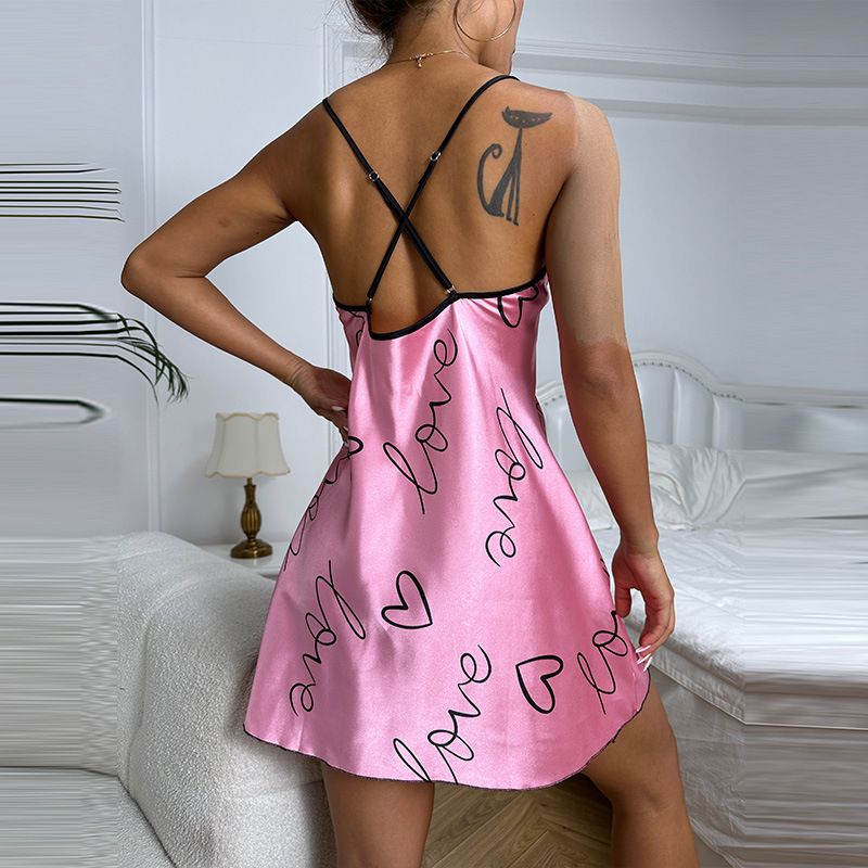 Silky Satin Nightdress – Soft & Breathable Sleepwear With Letter Print (S-5XL, Strappy)_voghion.com