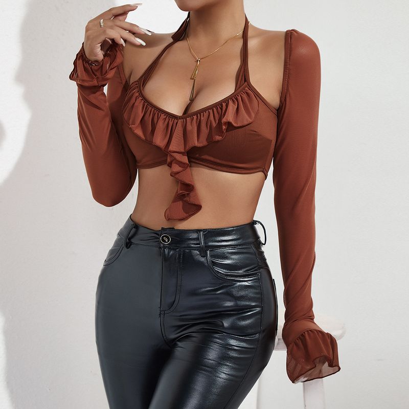 Naiste uus seksikas vürtsikas tüdruku õõneskaelus rippuv volangiserv, lahtine naba, pikkade varrukatega topp_voghion.com