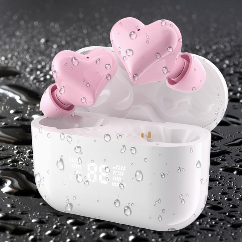Cuffie Bluetooth wireless digitali a forma di cuore aggiornate con custodia di ricarica, cuffie leggere e microfono integrato, rosa_voghion.com