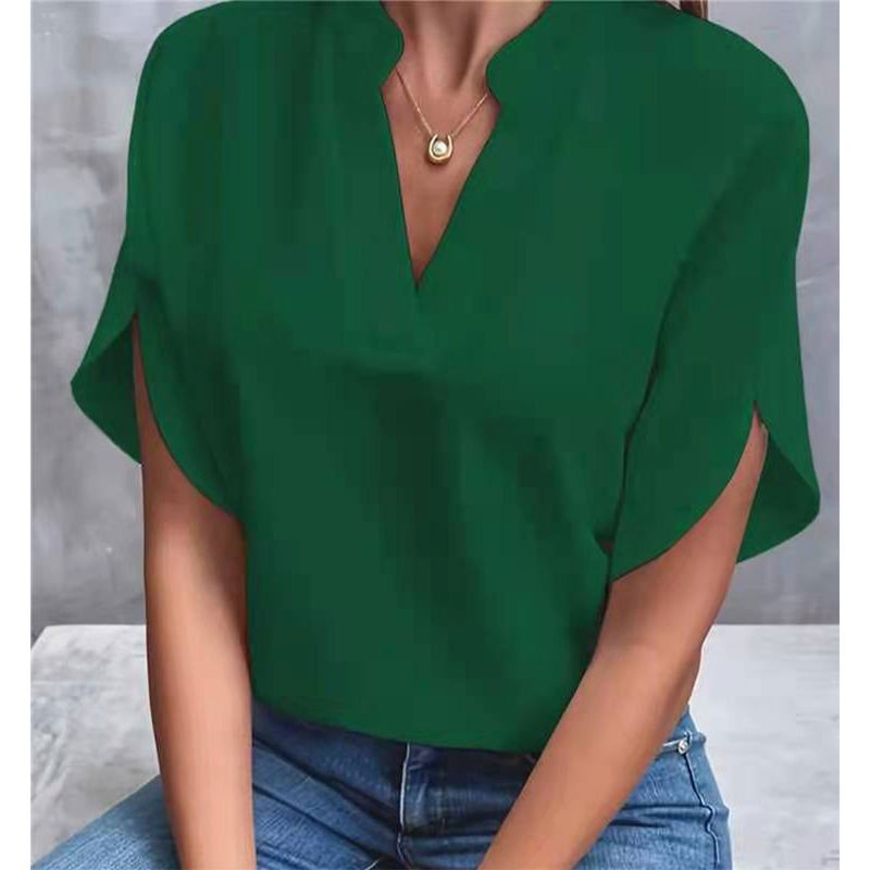 Dameskleding Zomer Nieuw V-hals Shirt Dames Effen Kleur Casual All-match Europees en Amerikaans Kort mouw Pullover Shirt_voghion.com