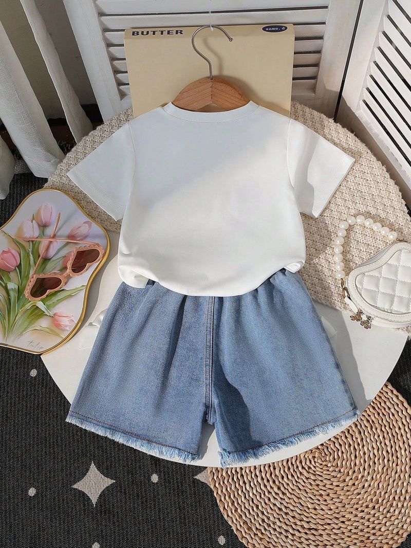 Completo da bambina composto da top in maglia stampato + jeans in denim con fiocco di perline, 2 pezzi – Look casual alla moda (4-7 anni, bianco)_voghion.com