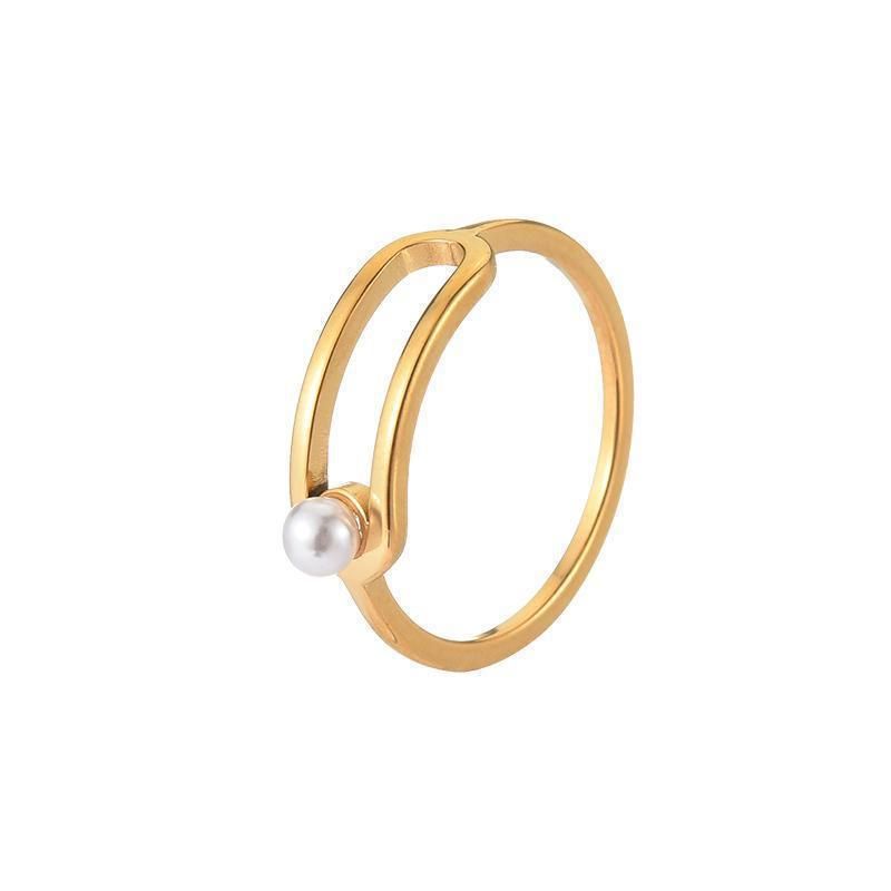 Korean Light Luxury Titanium Steel Ring Plated Geometric Pearl Ring For Women (No Fading, Simple Design)_voghion.com