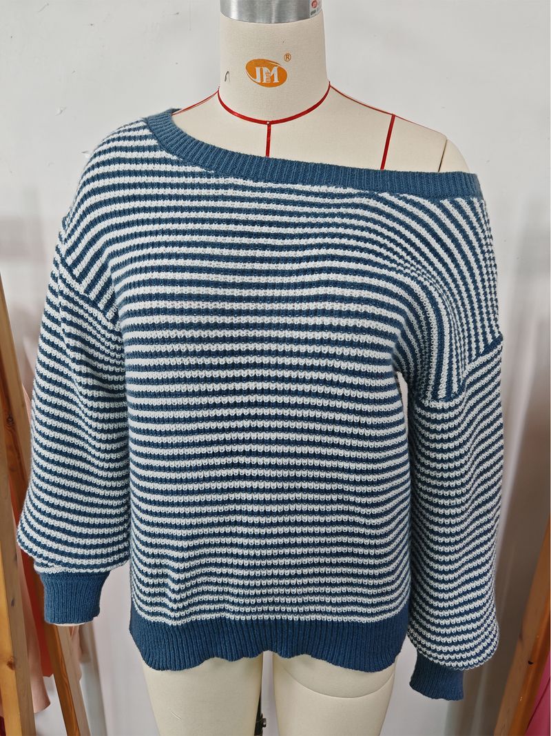 Women's Off-Shoulder Knit Sweater With Color Block Stripes & Lantern Sleeves – Relaxed Fit, Casual Elegance For Fall_voghion.com