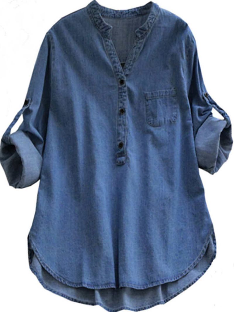 Camisa de mujer de manga larga irregular con cuello alto pequeño de mezclilla lavada_voghion.com