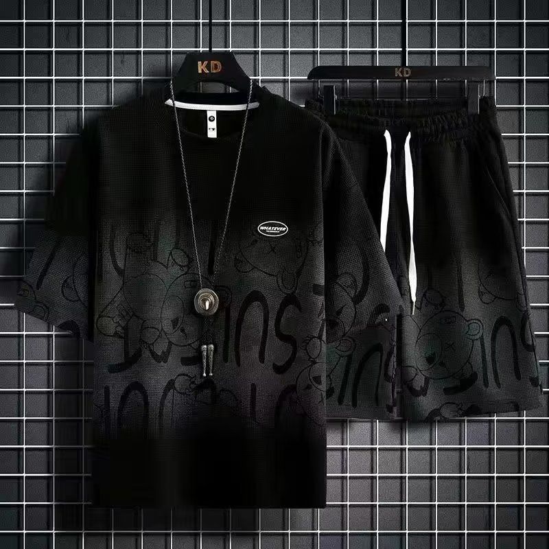 Herrenbekleidung Waffel Kurzarm Casual Sportanzug Herren Sommermode Trend Fünf-Punkt-Shorts Marke Gradient Zweiteiliger Anzug_voghion.com