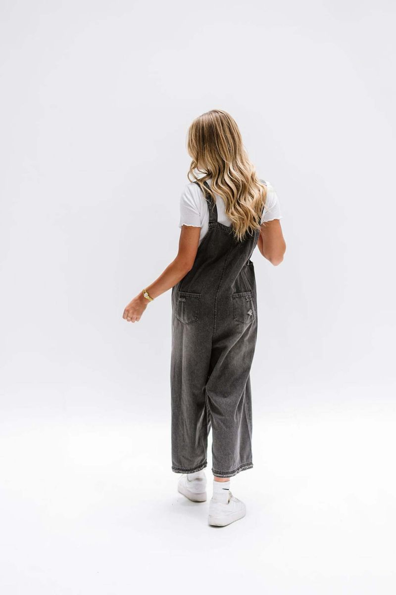 Kadın Giyim Moda Retro Yıpranmış Delikler Bol Geniş Paça Rahat Günlük Askılı Kot Tulum_voghion.com