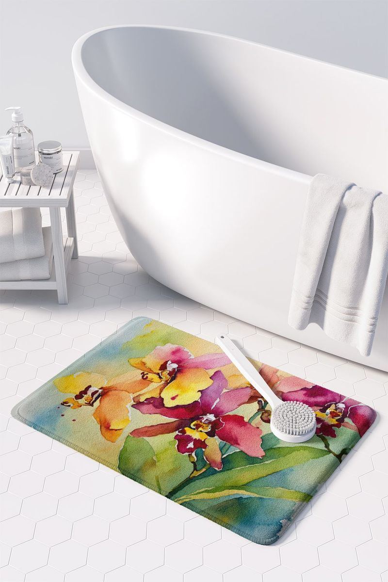 Orchids In Watercolor Memory Foam Kitchen Mat Machine Washable Anti-Fatigue Mat Cushion Comfort Bath Mat Or Kitchen Rug_voghion.com