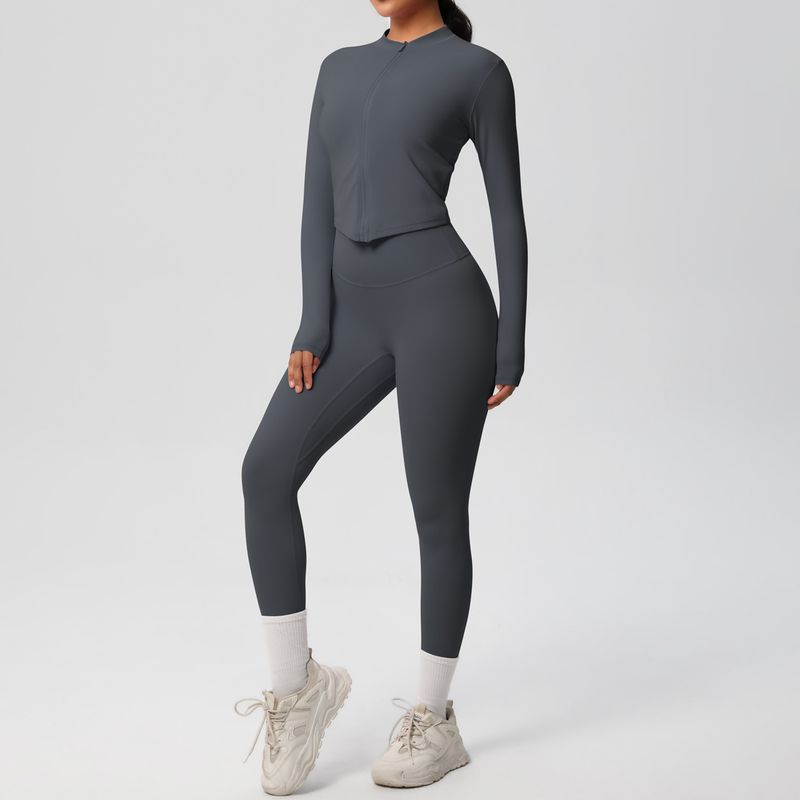 LazyZoom Enge Hose mit hoher Taille und Reißverschluss, Langarmjacke, Fitnessbekleidung, Po-Lifting-Yoga-Set_voghion.com
