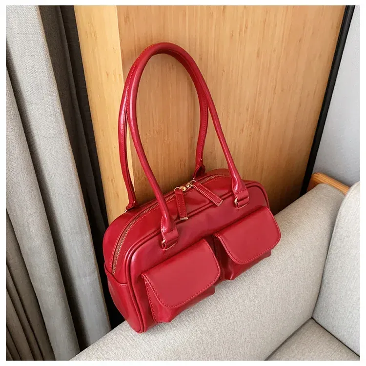 Borsa a tracolla da donna rossa retrò, in pelle verniciata, multitasche, da donna, a tracolla, sottobraccio, tote bag_voghion.com