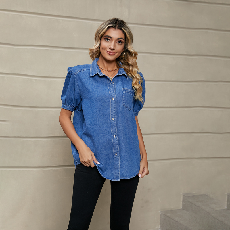 Versatile top casual da donna in denim sottile con colletto a risvolto e manica da principessa_voghion.com
