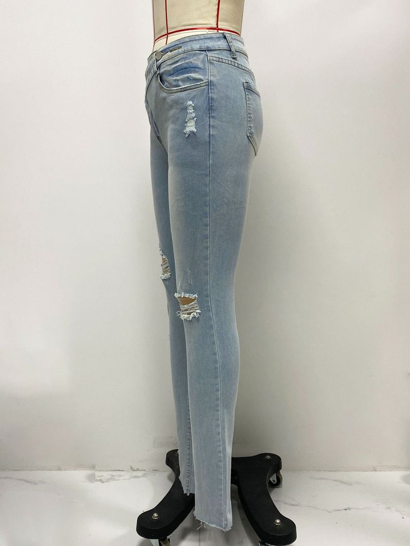 Abbigliamento da donna Jeans a vita alta di colore chiaro per le donne Nuovi pantaloni aderenti aderenti elastici strappati_voghion.com