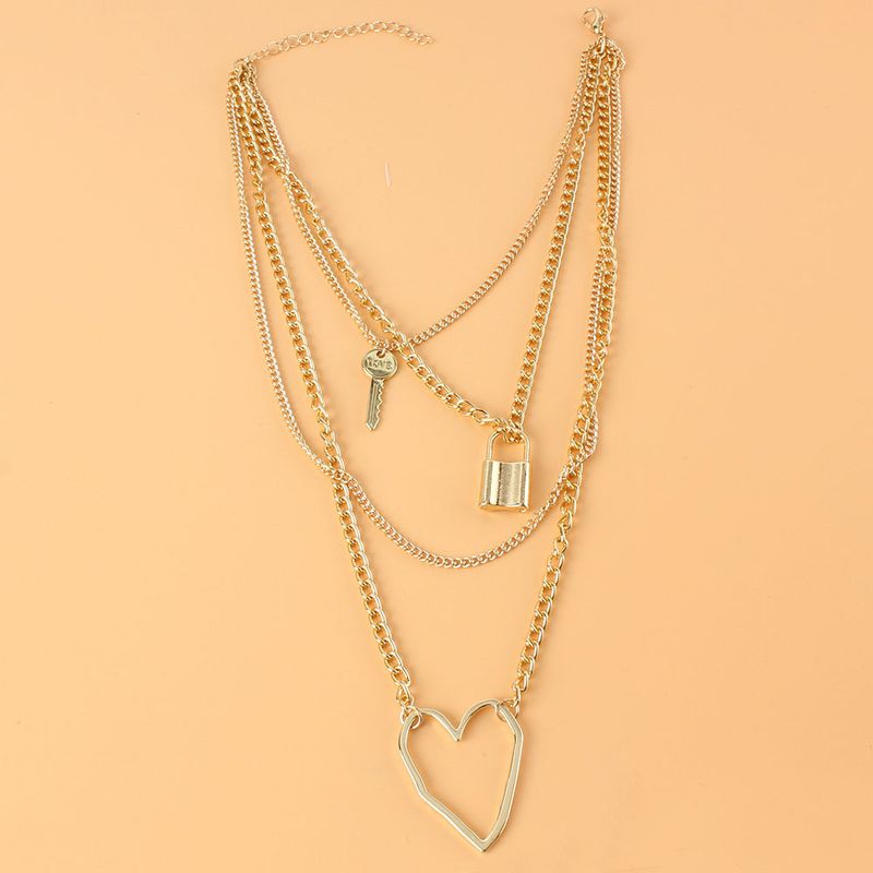 Geometric Heart Pendant Necklace Simple Personality Lock Shaped Multi Layer Clavicle Chain Cross Border Necklace For Women_voghion.com
