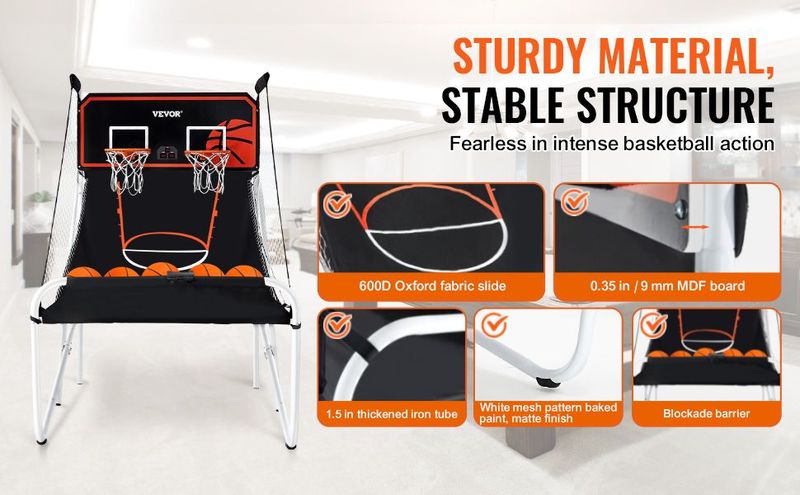 VEVOR Foldable Basketball Arcade Game, 2 Player Indoor Basketball Game, Home Dual Shot Sport With 5 Balls, 8 Game Modes, Electronic Scoreboard, And Inflation Pump, For Kids, Adults (Black & White)_voghion.com