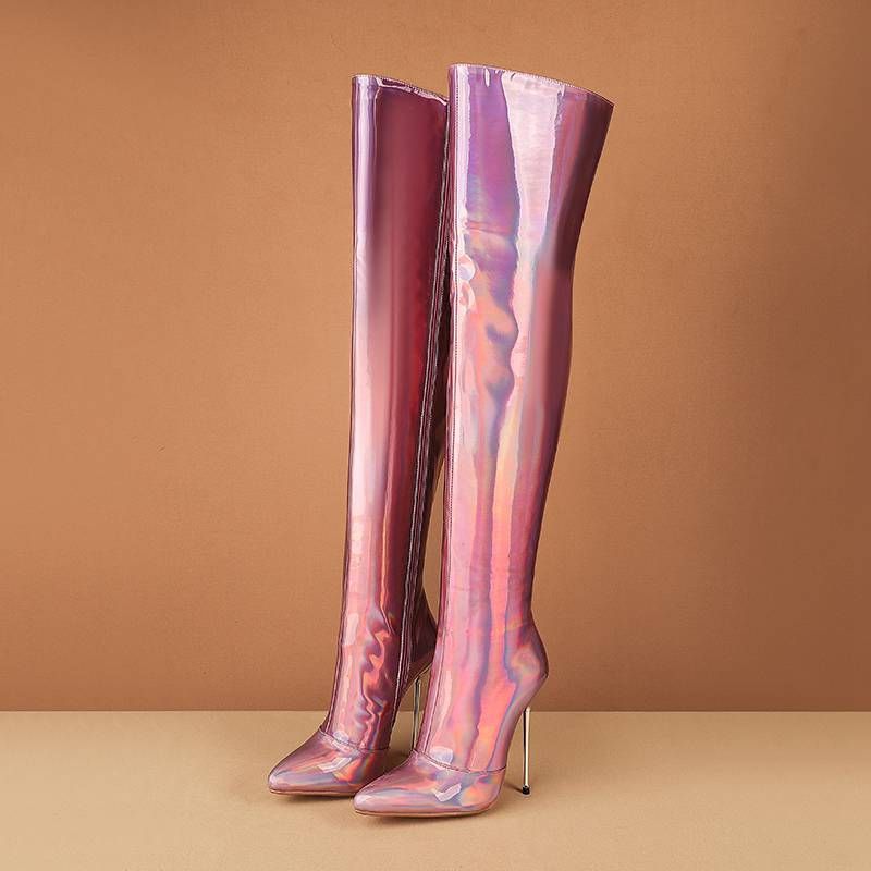 Krazing Pot Scarpe in microfibra Autunno Inverno Tacchi Altissimi Grandi Dimensioni 46 Designer Europeo Tieni al Caldo Stivali Sopra il Ginocchio_voghion.com