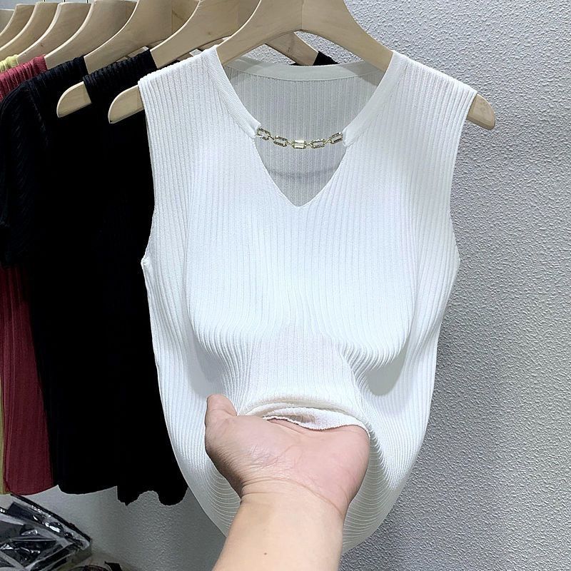 Gilet sans manches en soie glacée pour femme, col en V, design polyvalent, coupe slim_voghion.com