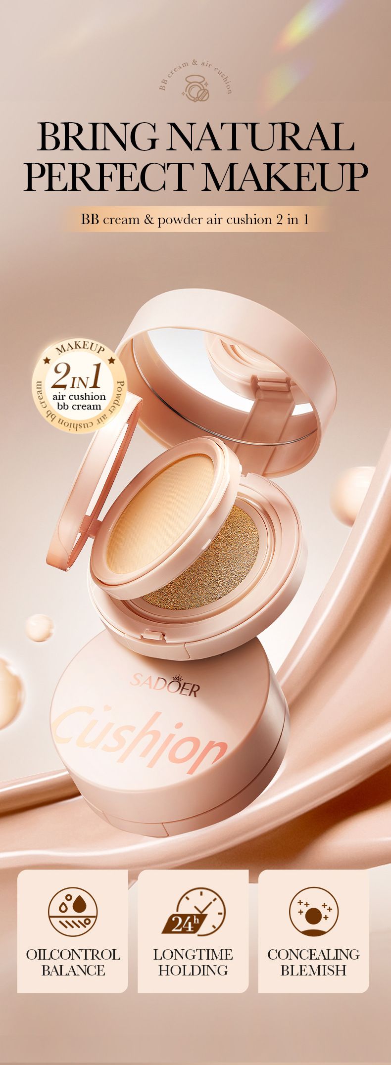 Full English Glossy Powder Cushion SADOER Moisturizing Lightweight BB Cream Concealer Foundation_voghion.com