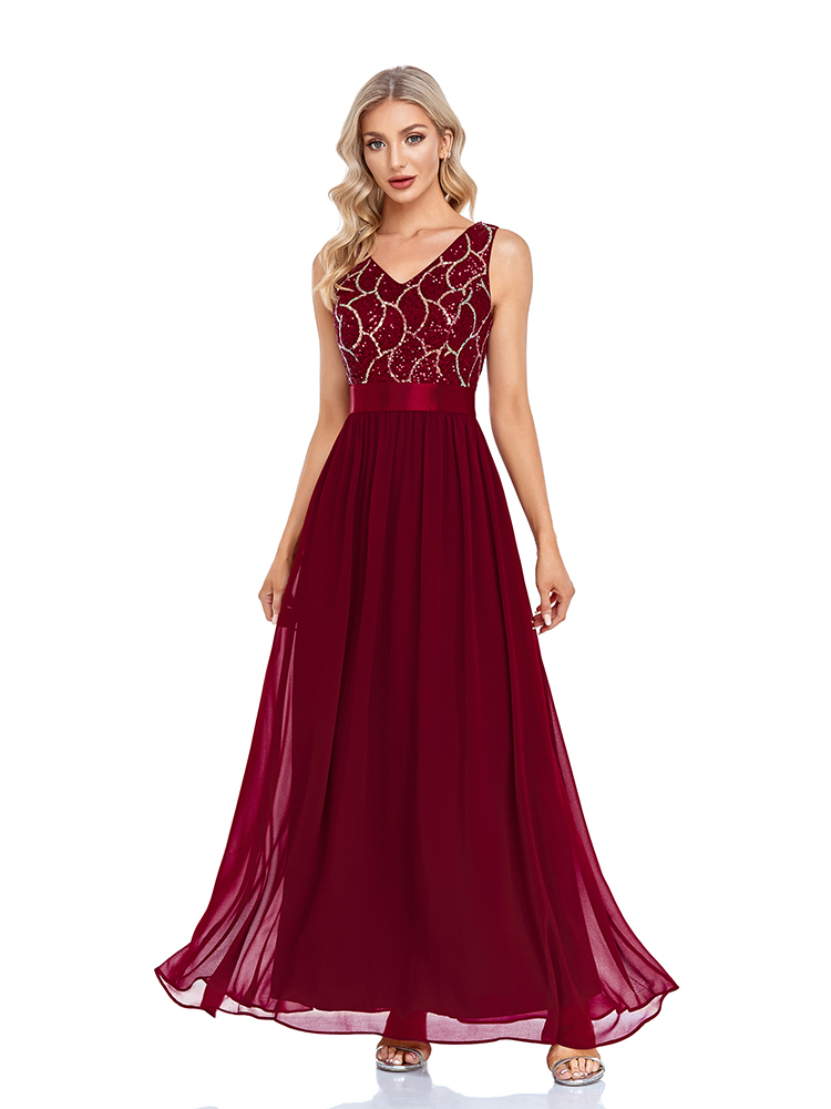 Vestido De noche De chifón De corte A con escote en V para mujer, sin mangas, Formal, De ocasión, largo, con flores De lentejuelas, color burdeos, vestidos De Soriee_voghion.com