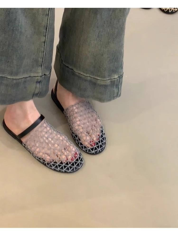 Damenschuhe Gewebtes Mesh Hohle Oberbekleidung Strandlochschuhe Damen Französische Halbschuhe mit einem Riemen und geschlossener Spitze_voghion.com