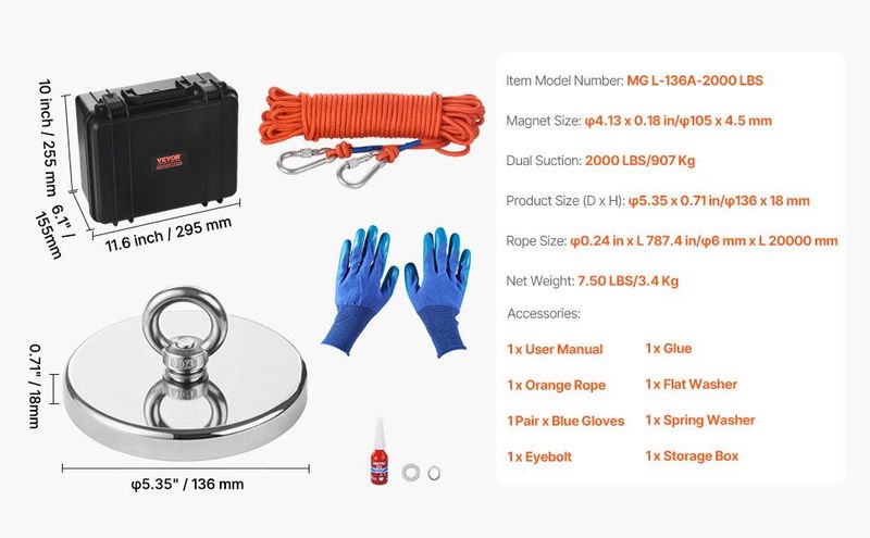 2000 LBS Strong Fishing Magnet Kit Single Sided Pull Force And Rope Carabiner_voghion.com