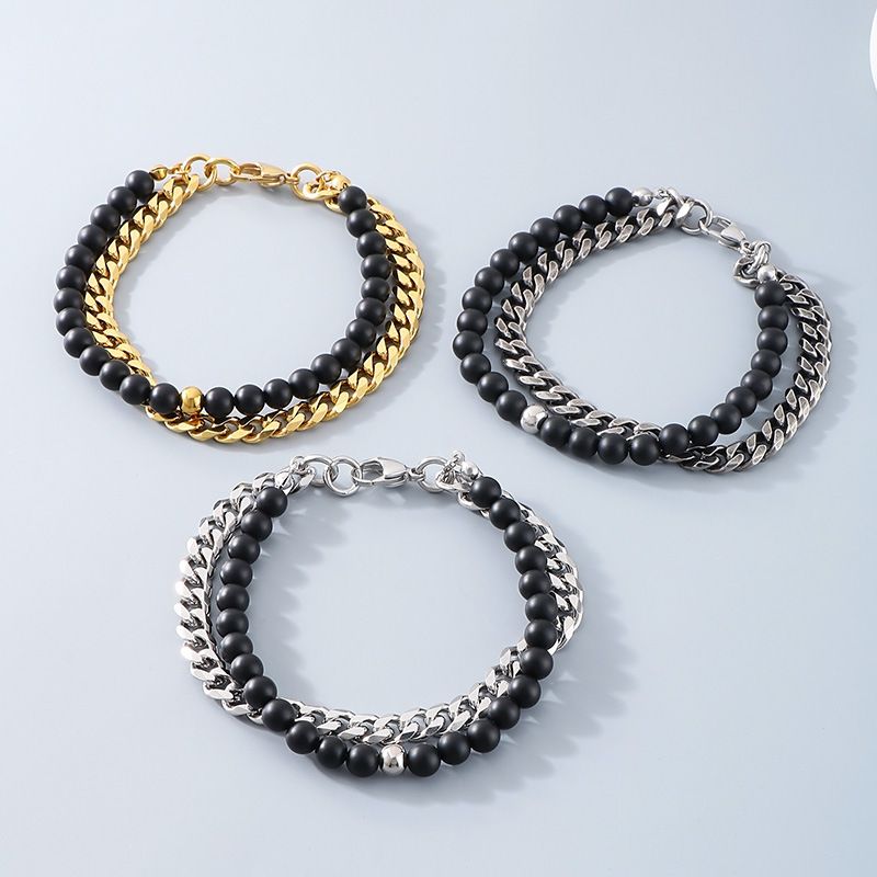 Herrenschmuck Retro-Trend Glücksperlen-Armband Gestapelter Stil Schwarze Achatperlen Doppellagige kubanische Kette Herrenarmband aus Titanstahl_voghion.com
