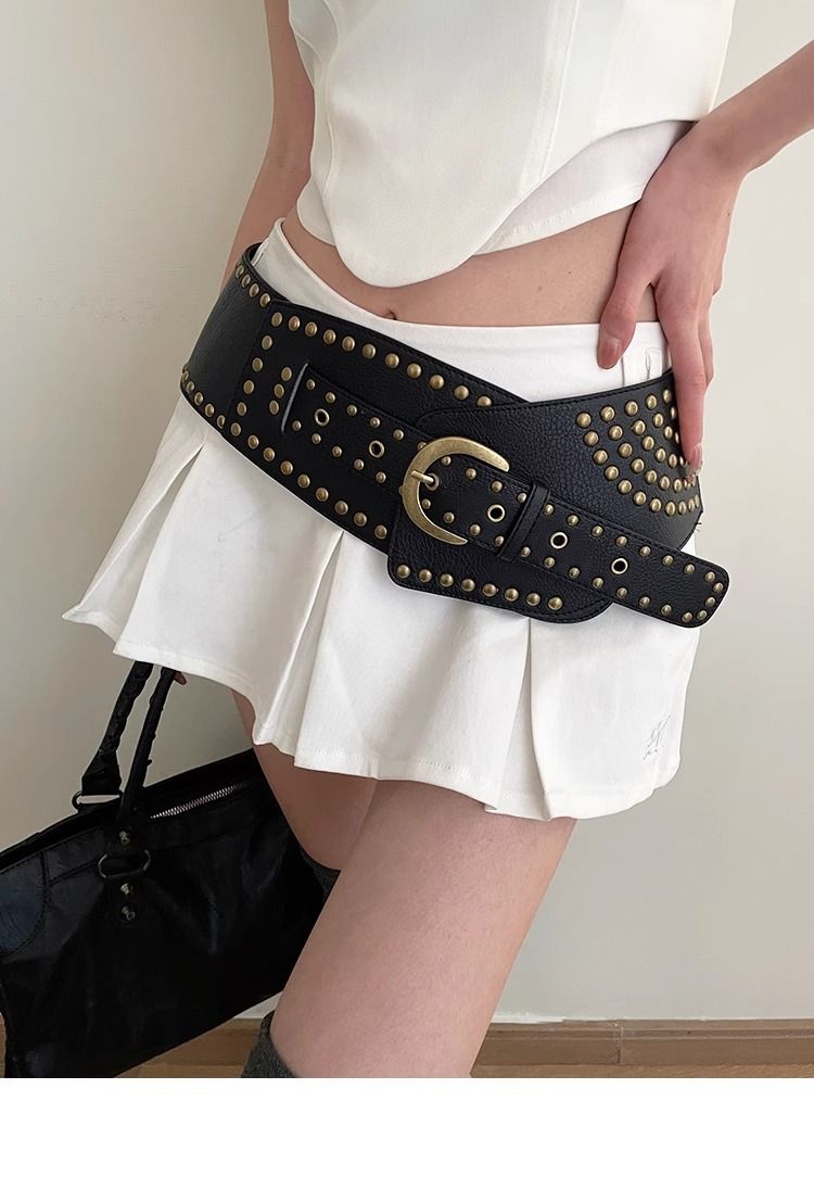 Women's Wide Belt Retro High-end Fashion All-match Decorative Fashion Dress Trendy Rivet Punk Style Belt_voghion.com