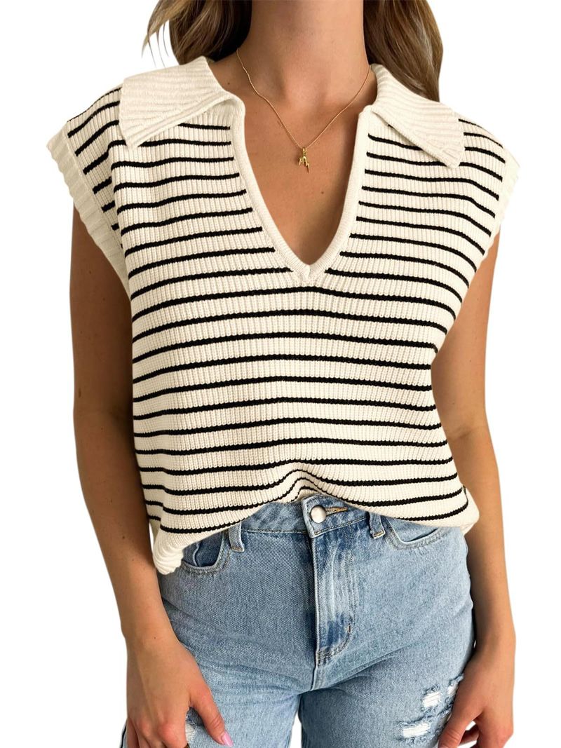 Maglia a righe con scollo a V da donna - Maglione pullover a maniche corte in stile francese, vestibilità ampia - T-shirt casual leggera in misto rayon_voghion.com
