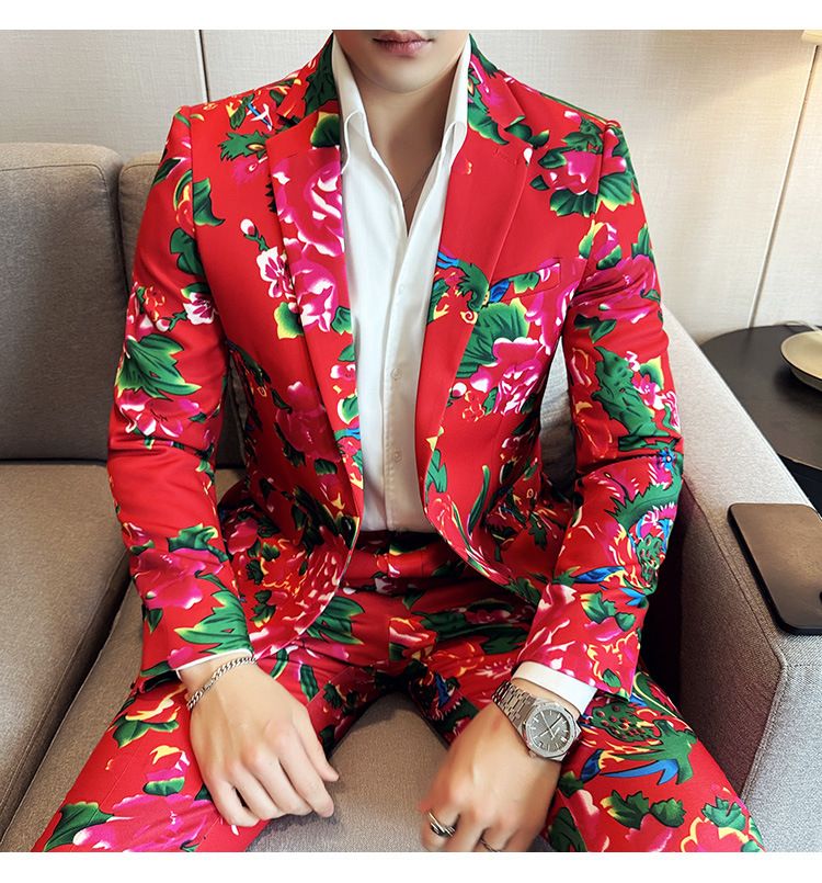 ForMen Northeast Red Flower Herrenmode-Trend Persönlichkeit Retro Hübscher Slim Fit High-End-Anzug Zweiteiliges Set_voghion.com