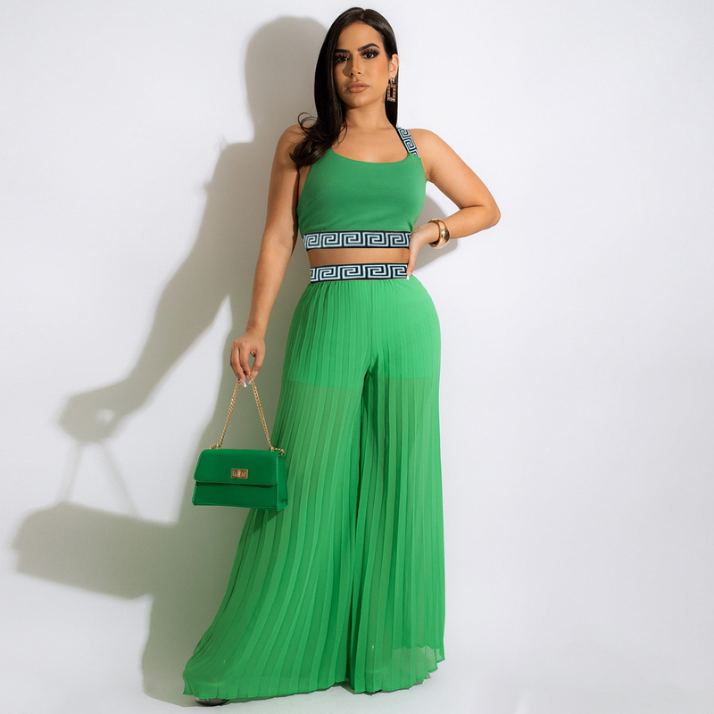 Abbigliamento da donna in chiffon multicolore ad alta temperatura che modella la tracolla elastica pieghettata in due pezzi moda estiva_voghion.com