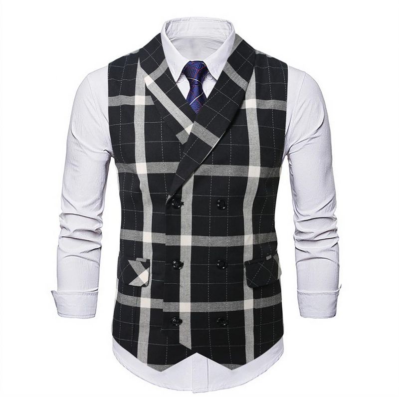 Retro dubbelrijs print gilet voor heren, geruit vest voor casual en zakelijke kleding_voghion.com