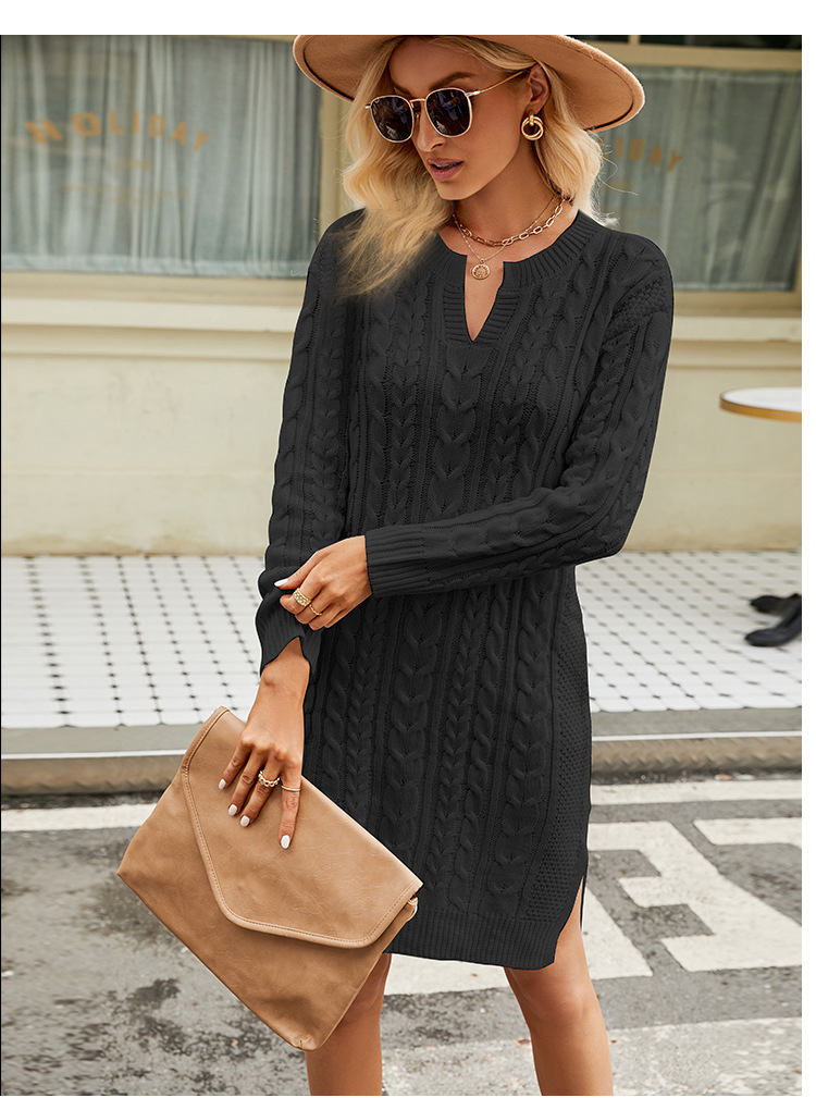 Damen-Strickkleid mit gedrehten Blumen, mittellang, einfarbig, Schlitz, lockeres Pullover-Pullover-Kleid für Damen_voghion.com