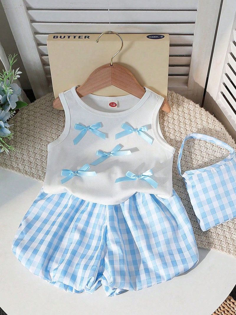 Ensemble 3 pièces pour bébé fille : gilet à nœud papillon, short bloomer vichy et mini sac – Tenue d'été douce et légère (6 mois à 3 ans, blanc)_voghion.com