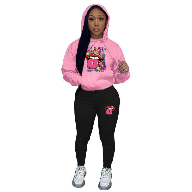 Women's casual printed tracksuit with fleece hoodie two-piece hoodie_voghion.com