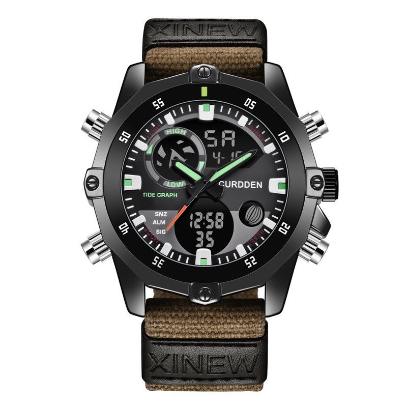 Herren-Sportuhr mit Nylonarmband – Doppelanzeige analog und digital, multifunktional mit Kalender, Alarm, GMT und Leuchtfunktion_voghion.com