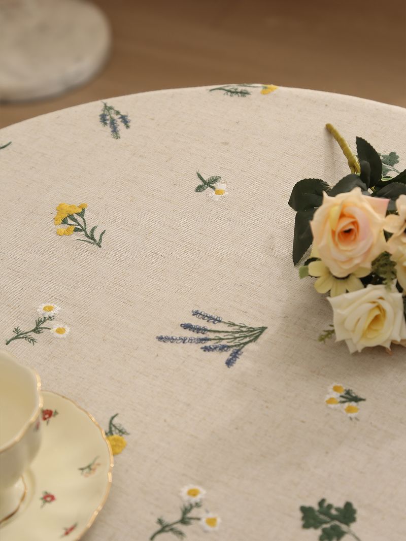 Linen Tablecloth With Lavender Embroidery – 60x60cm & 90x90cm, Natural Fabric, Heat-Resistant, Stylish Home Decor For Dining Table Or Coffee Table_voghion.com