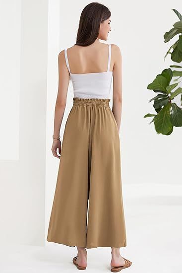 Calça Palazzo Feminina Leve, Casual, de Cintura Alta, com Bolsos e Fenda - Calça Larga e Flutuante para o Verão_voghion.com