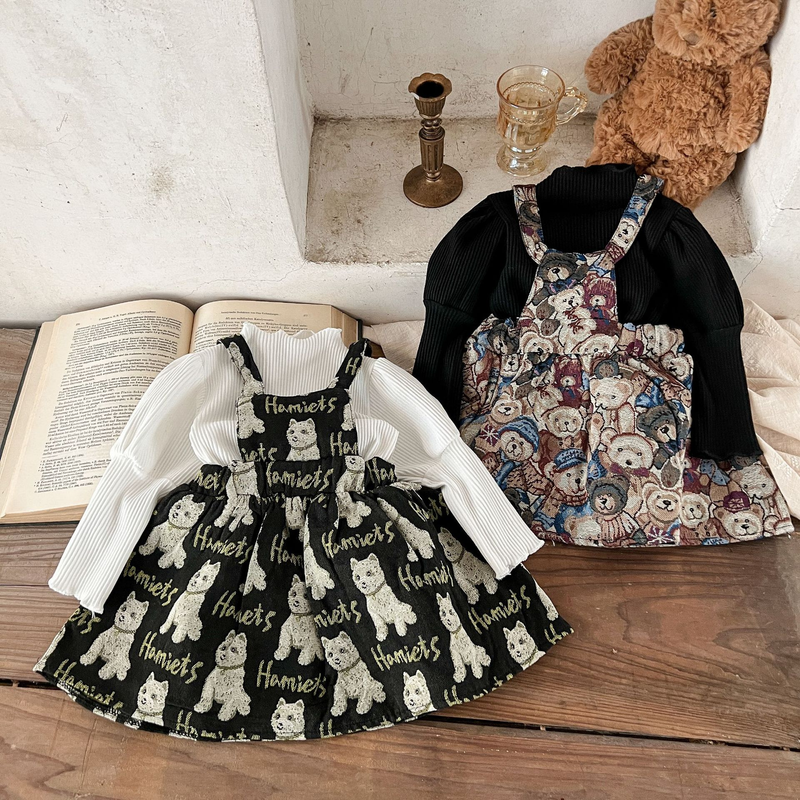 Mother&Kids Girls' turtleneck puffy sleeve base shirt + cartoon suspender skirt set Instagram baby two-piece fashion set_voghion.com