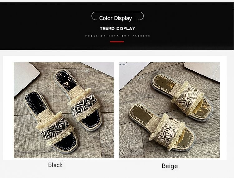 Fengliang Γυναικεία νέα καλοκαιρινά ενδύματα 2024 σε νεράιδα, έθνικ υφασμένο γρασίδι, χαλαρές παντόφλες_voghion.com