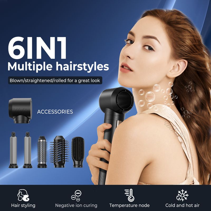Asciugacapelli multifunzione 6 in 1 ad alta velocità Asciugacapelli multifunzione Capelli ricci lisci standard americani ed europei Pettine ad aria calda a doppio uso commercio estero_voghion.com