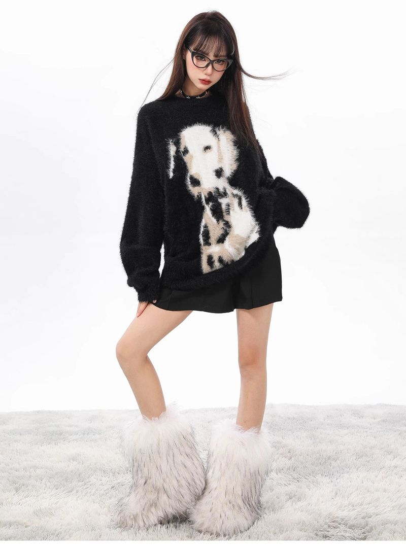 Suéter de terciopelo de visón con lunares negros para mujer, suave y holgado, de mohair, de longitud media, para otoño e invierno._voghion.com