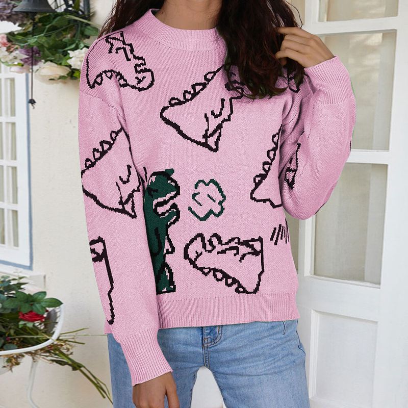 Women's Clothing long sleeved sweater autumn and winter new round neck loose cartoon dinosaur sweater_voghion.com