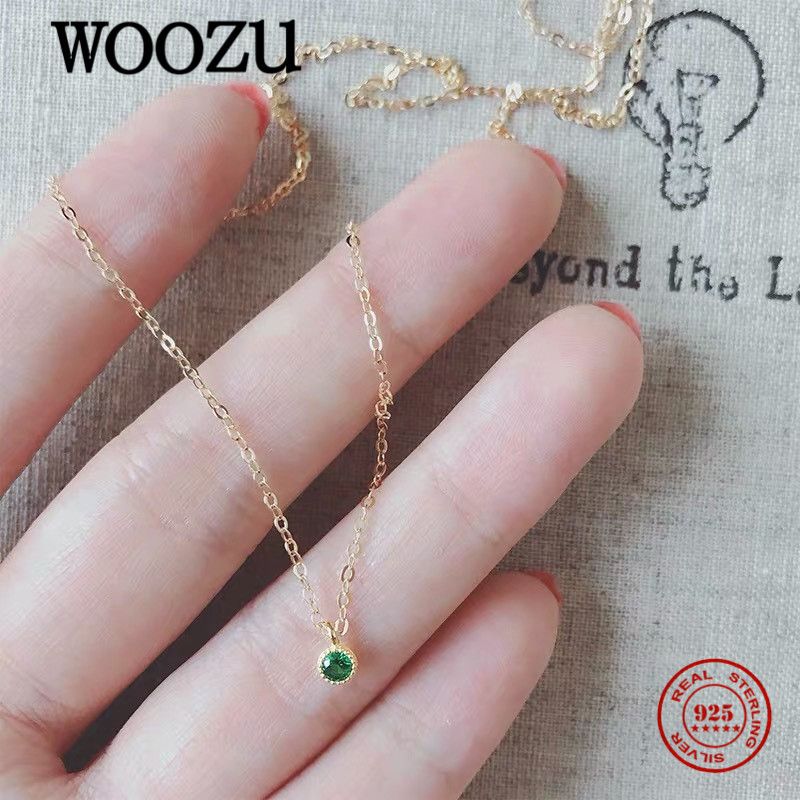 WOOZU - Collar con cadena de eslabones de circonita verde redonda de plata esterlina auténtica para mujer, encantador, joyería minimalista para fiestas_voghion.com