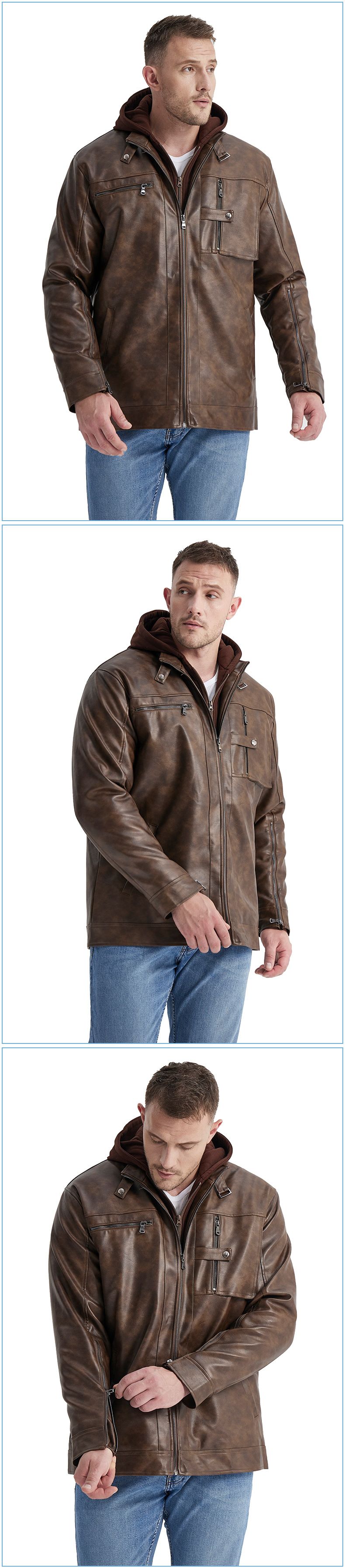 Giacca multitasche in pelle PU da uomo con cappuccio staccabile, fodera trapuntata e polsini lunghi con cerniera - Cappotto invernale taglie forti per abbigliamento casual_voghion.com