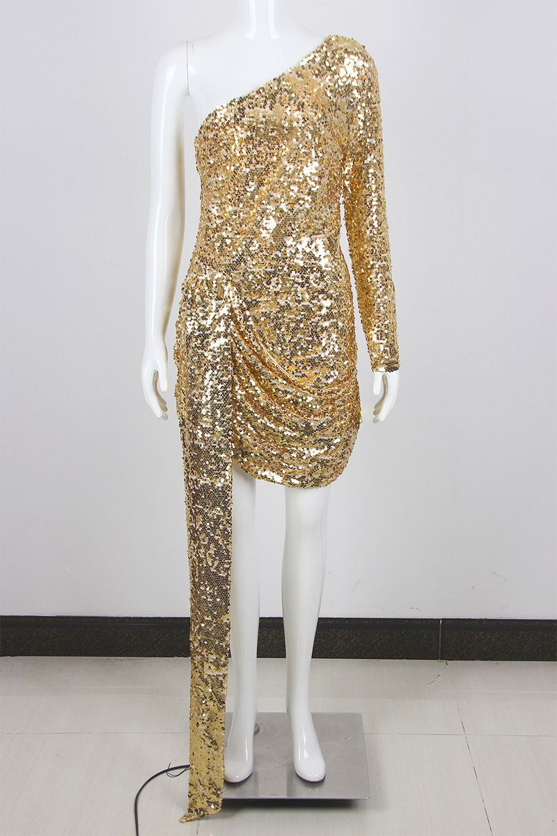 Damenbekleidung Frühling und Sommer Neue Damenmode High-End-Temperament Pailletten Bankett Gastgeber Jahrestagung Eine Schulter Damenkleid Kleid_voghion.com