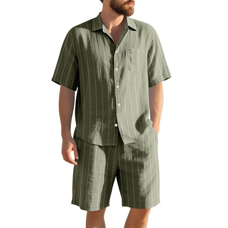 Vêtements pour hommes, costume d'été en lin pour hommes, chemise ample à manches courtes à rayures, short de plage, costume deux pièces_voghion.com