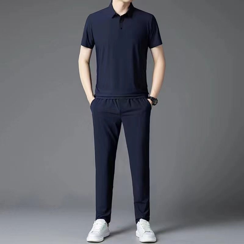 2025 Feel Running Sports Suit For Men Summer Thin Ice Silk Turn-down Collar T-shirt Men's Casual Set_voghion.com